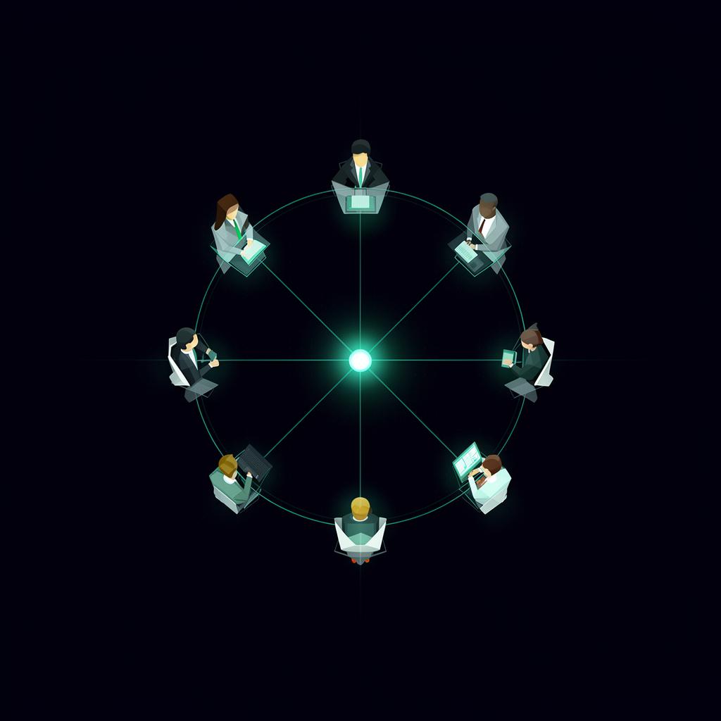 Eight AI executives arranged in a circle representing an autonomous executive team